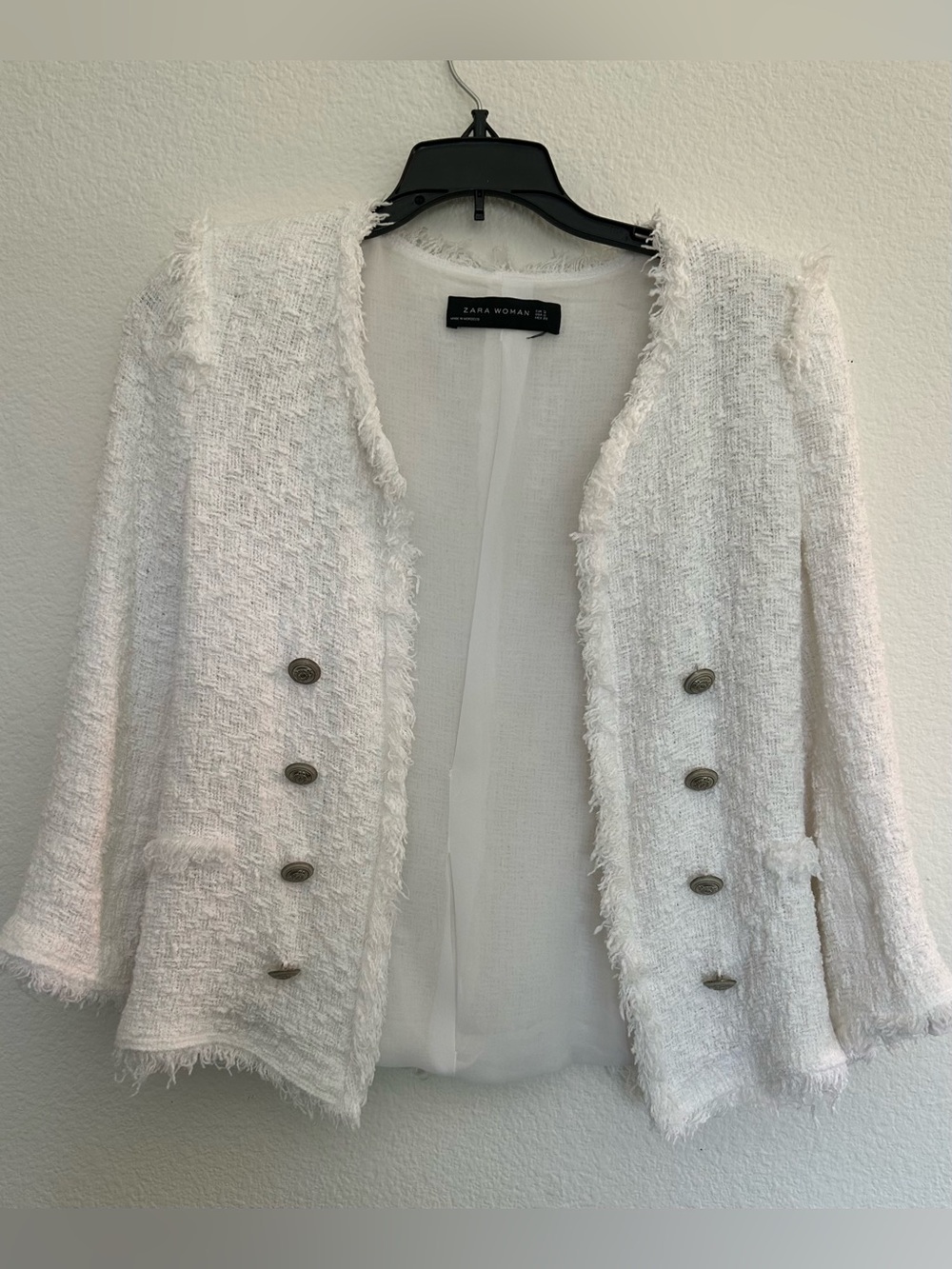 Zara White Textured Frayed-Trim Double-Breasted Jacket